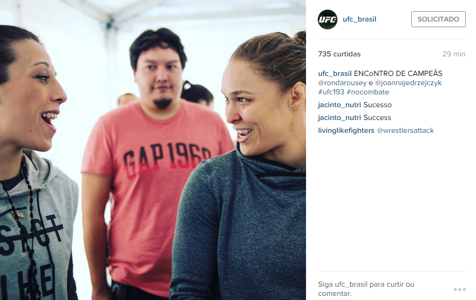 Campeãs pego galo e peso palha, Ronda Rousey e Joanna Jedrzejczyk se encontram antes do UFC 193 - Reprodução/Instagram