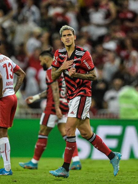 Pedro comemora; atcante fez 3 na goleada do Flamengo sobre o Bragantino - Thiago Ribeiro/AGIF