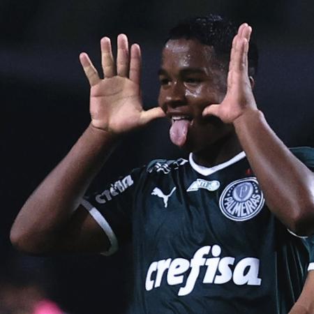 Endrick, do Palmeiras, comemora gol contra o Fortaleza pelo Brasileirão - Ettore Chiereguini/AGIF