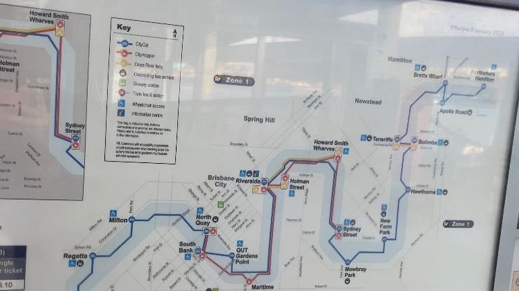 Mapa do transporte fluvial de Brisbane, na Austrália