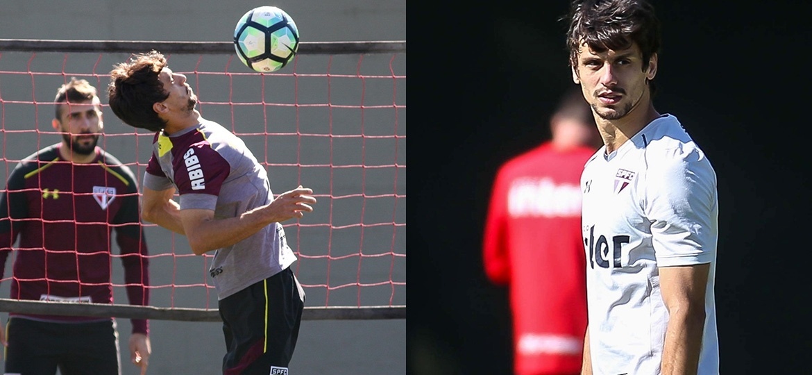 Rodrigo Caio com o uniforme de treino com e sem o patrocínio do Habib´s, em fotos de junho e agosto - Ricardo Moreira-23.jun.2017/Fotoarena/Estadão Conteúdo e Newton Menezes-11.ago.2017/Futura Press/Estadão Conteúdo