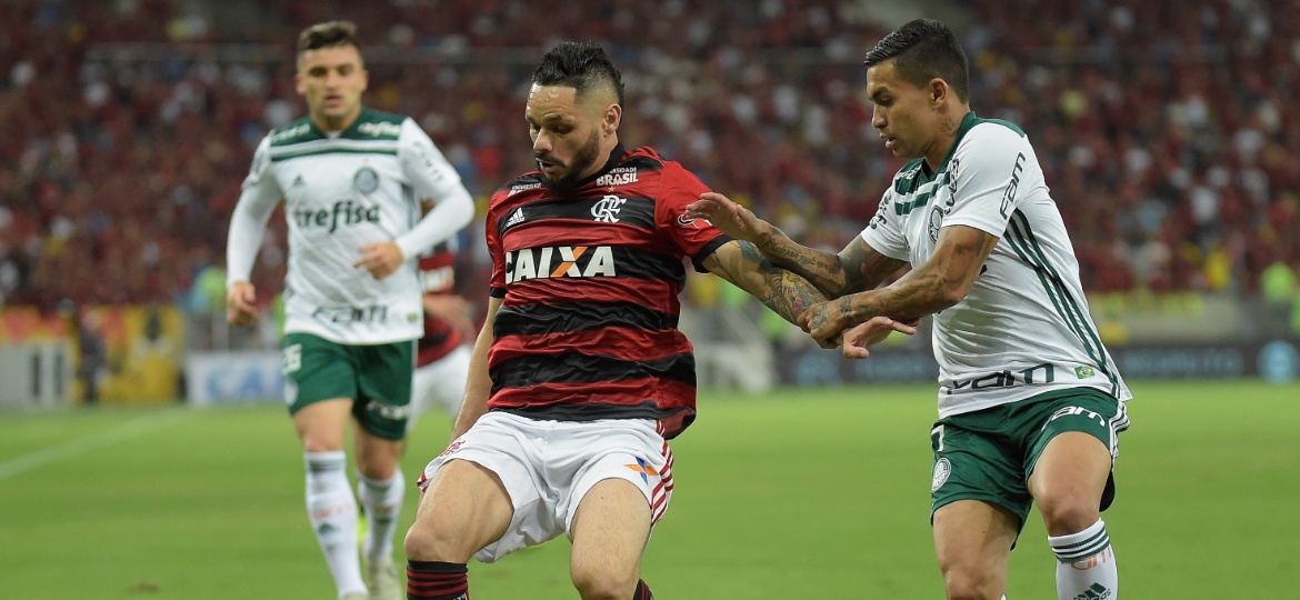 Pará e Dudu disputam a bola durante a partida entre Flamengo e Palmeiras - Thiago Ribeiro/AGIF