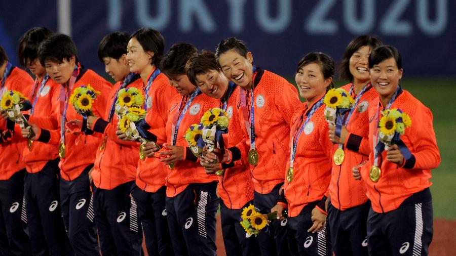 Time de softbol feminino do Japão foi ouro nas Olimpíadas de Tóquio 2020 - KAZUHIRO FUJIHARA / AFP