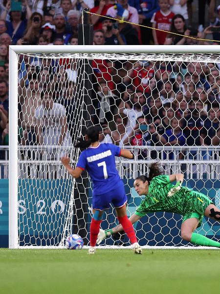 Lorena defende pênalti cobrado por Sakina Karchaoui, pelas quartas de final entre Brasil e França