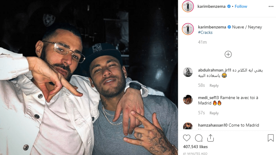 Benzema e Neymar juntos em foto no Instagram - Reprodução Instagram