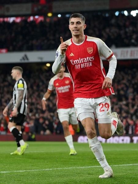 Havertz comemora gol marcado pelo Arsenal contra o Newcastle no Campeonato Inglês