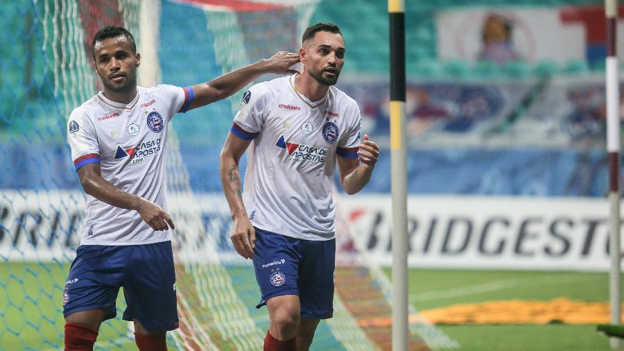 Gilberto celebra gol pelo Bahia contra  Unión Santa Fe - Tiago Caldas/Fotoarena