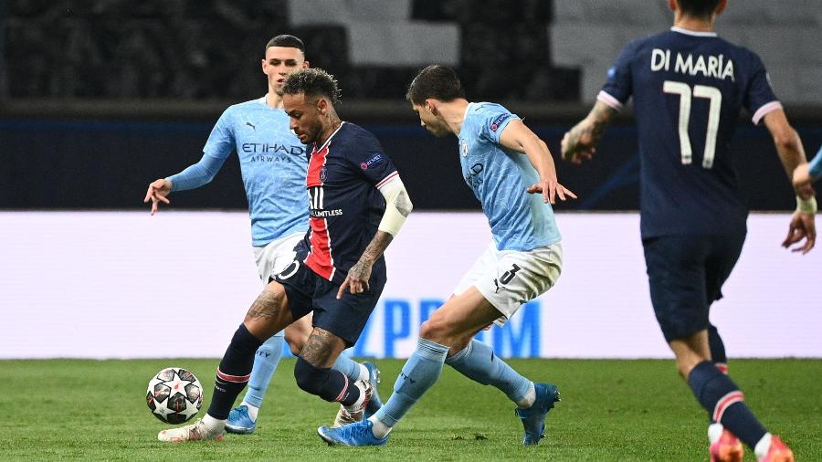 Neymar em disputa contra o Manchester City; jogo marcou alto Ibope para a TNT Sports - ANNE-CHRISTINE POUJOULAT/AFP