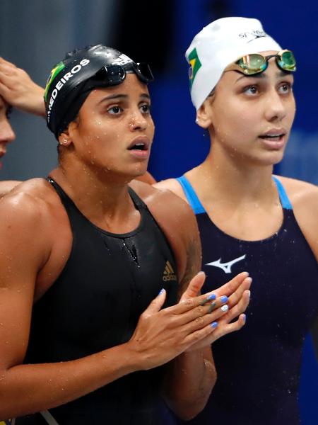Ana Vieira, Etiene Medeiros e Larissa Oliveira, da seleção brasileira de natação, participaram do 4x100m livre nos Jogos Olímpicos de Tóquio - Satiro Sodré/SSPress/CBDA