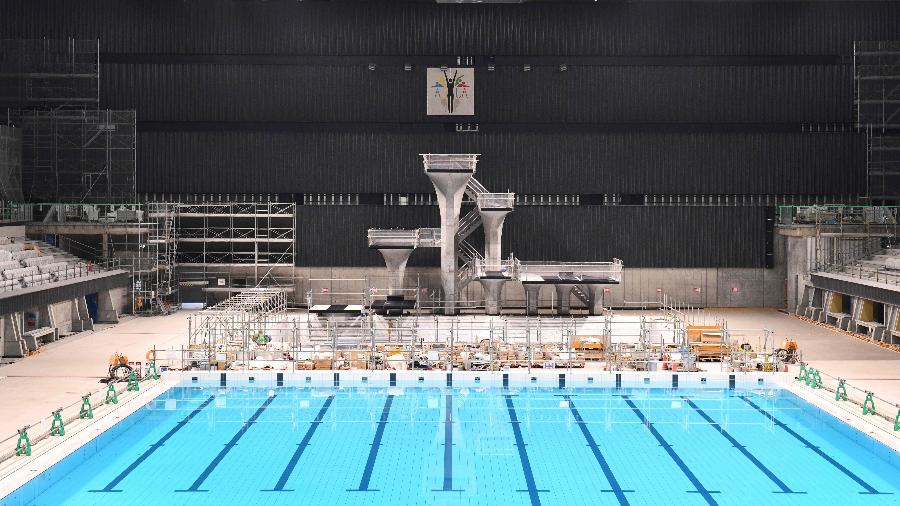 Vista geral da construção do centro aquático para as Olimpíadas de Tóquio - Kazuhiro Nogi/AFP
