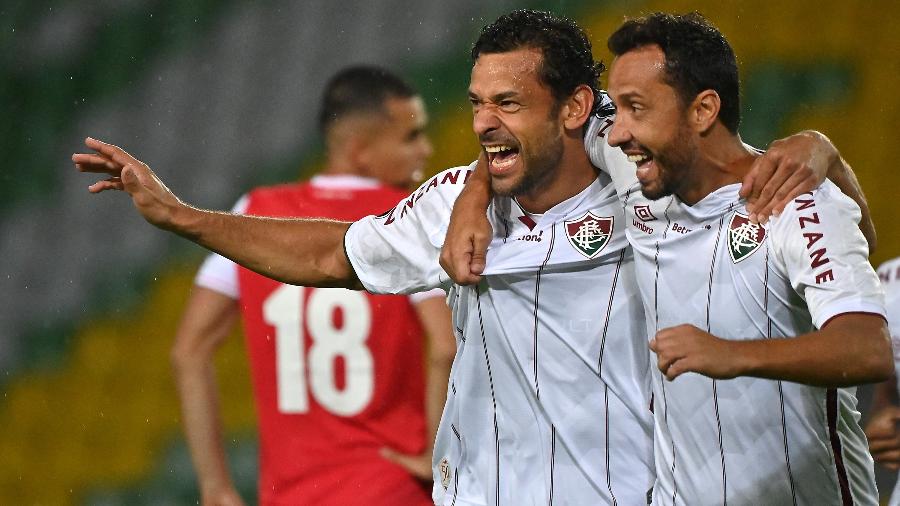 Fred e Nenê comemoram gol do Fluminense contra o Independiente Santa Fe, pela Libertadores - Getty Images