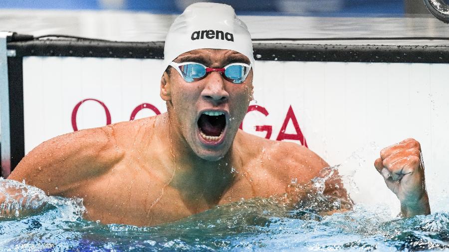 Ahmed Hafnaoui comemora o ouro nos 400m livre nas Olimpíadas de Tóquio-2020 - VCG/VCG via Getty Images