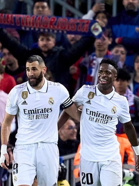 Benzema e Vini Jr fizeram os gols da vitória do Real Madrid contra o Barcelona pela Copa do Rei - Alex Caparros/Getty Images