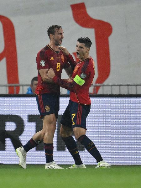 Morata, da Espanha, comemora gol contra a Geórgia pelas Eliminatórias da Euro