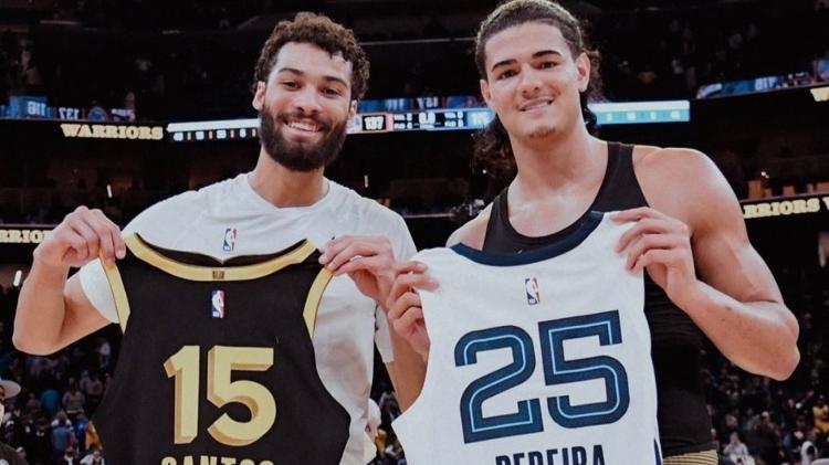 Mãozinha e Gui Santos após jogo entre o Memphis Grizzlies e o Golden State Warriors, em março de 2024 Mãozinha e Gui Santos após jogo entre o Memphis Grizzlies e o Golden State Warriors, em março de 2024