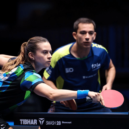 Bruna Takahashi e Hugo Calderano em ação no WTT Star Contender Bruna Takahashi e Hugo Calderano em ação no WTT Star Contender