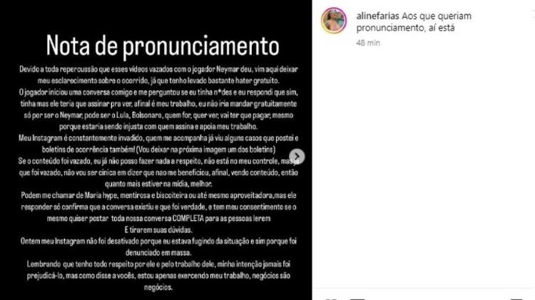 Aline Faria, criadora de conteúdo adulto, se pronuncia após vazamento de conversa com Neymar