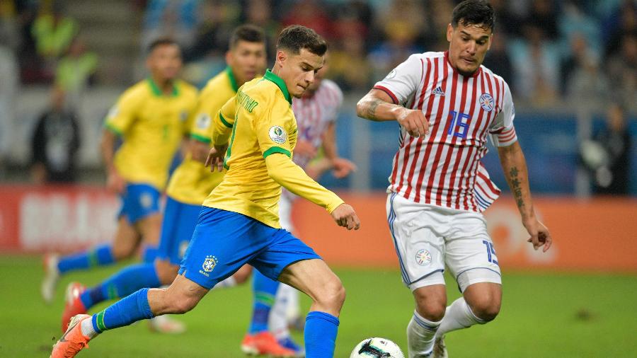 Gustavo Gómez em ação contra a seleção brasileira na Copa América - Raul ARBOLEDA / AFP