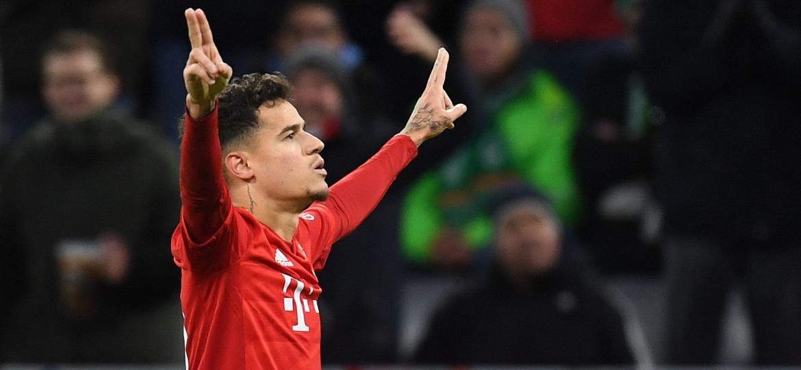 Philippe Coutinho comemora gol do Bayern de Munique sobre o Werder Bremen no Campeonato Alemão - Christof Stache/AFP