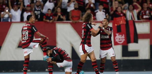 Jogadores do Flamengo comemoram gol de Gabigol contra o Botafogo, no Engenhão