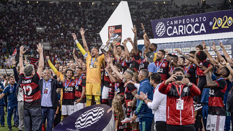 Jogadores do Flamengo celebram conquista da Taça Guanabara, primeiro turno do Carioca, de 2020 - Alexandre Vidal, Marcelo Cortes & Paula Reis / Flamengo