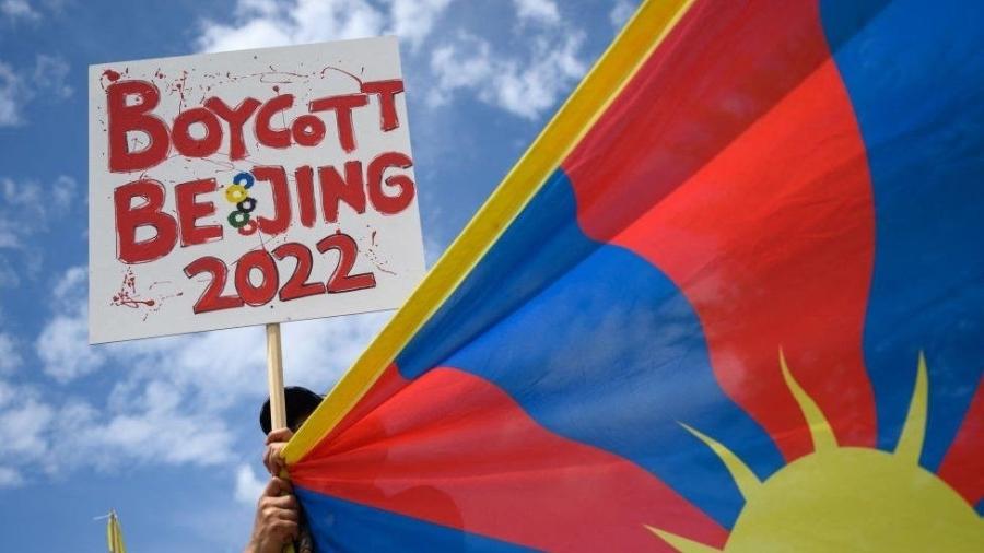 Protesto contra os Jogos Olímpicos de Inverno de 2022, em Pequim - Getty Images