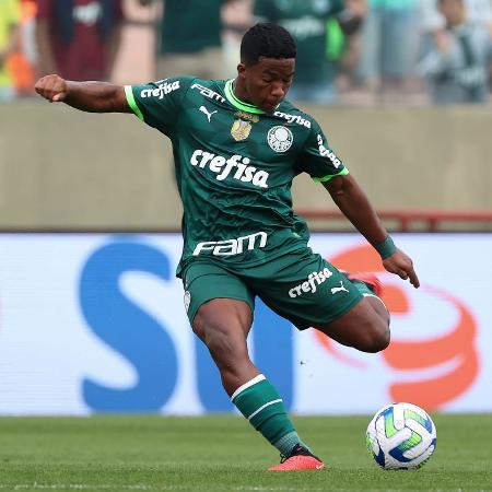 Endrick, do Palmeiras, durante jogo contra o Santos, pelo Campeonato Brasileiro