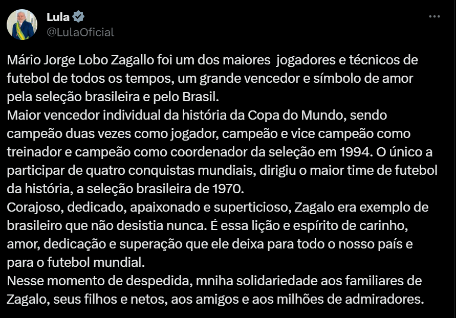 Post de Lula em homenagem à Zagallo, falecido neste sábado (6)