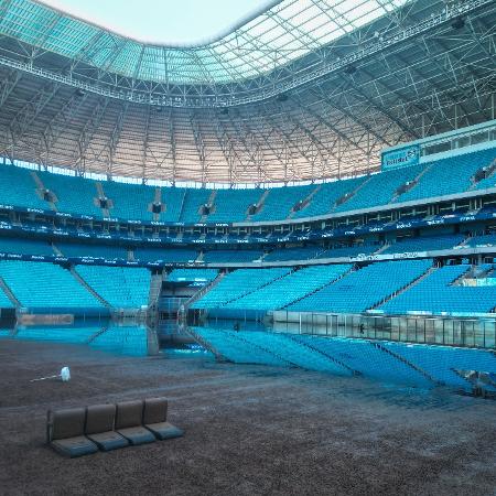 Arena do Grêmio após recuo da água deixa campo à mostra