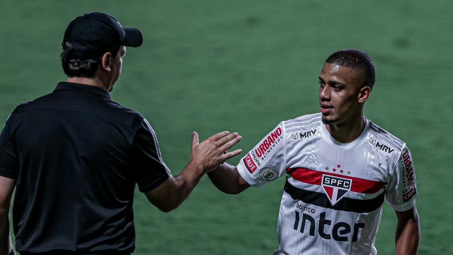 Brenner comemora com Fernando Diniz o gol marcado pelo São Paulo contra o Goiás - Heber Gomes/AGIF