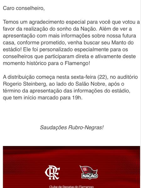 Flamengo: conselheiros receberam e-mail para evento com retirada de camisa