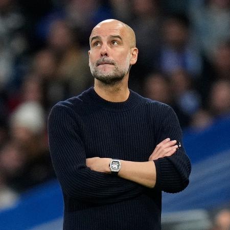 Pep Guardiola, técnico do City, durante o jogo contra o Real Madrid, pela Liga dos Campeões