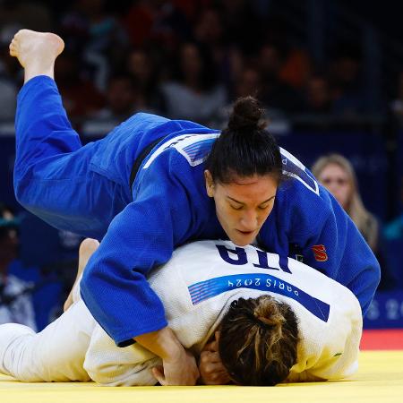 A judoca brasileira Mayra Aguiar em sua estreia nas Olimpíadas de Paris