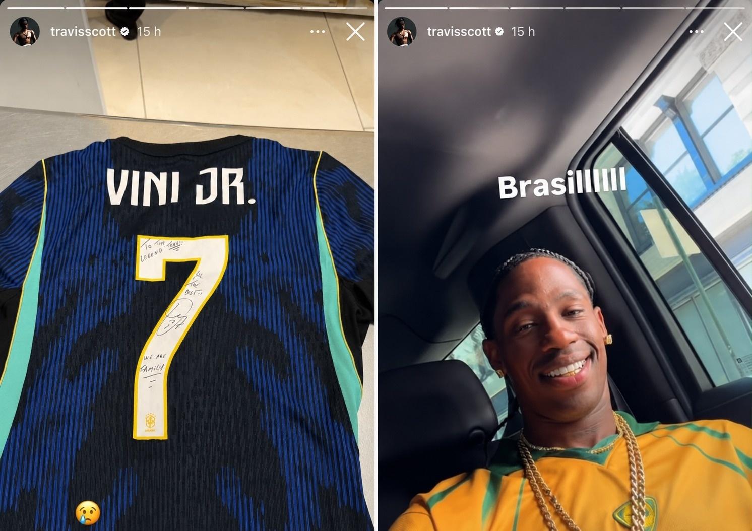 Travis Scott ganha de Vini Jr camisa autografada do Brasil   - undefined