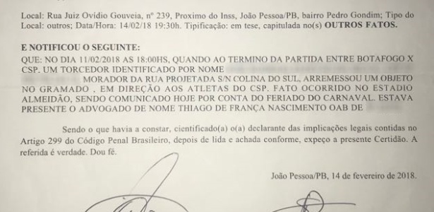 Boletim de ocorrência registrado por suposto torcedor do Botafogo-PB assumindo culpa por arremessar objetos no gramado II - Reprodução - Reprodução