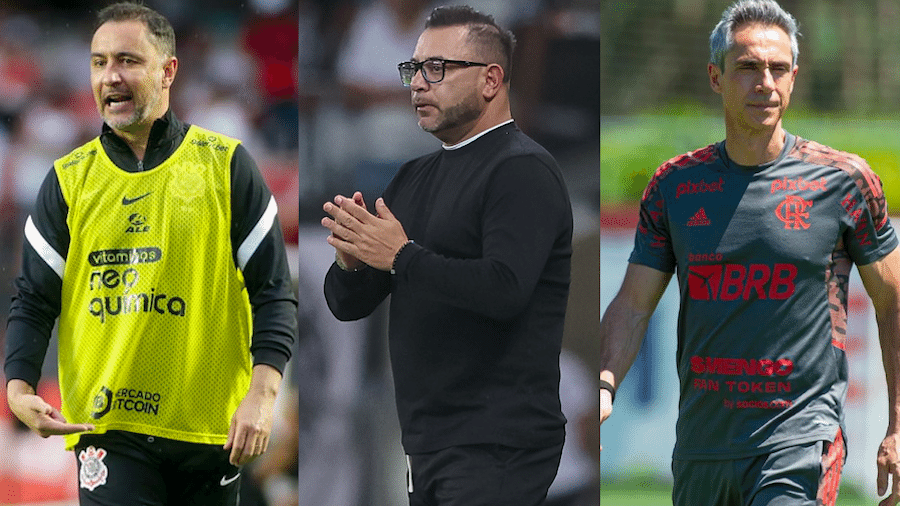 Os técnicos Vítor Pereira, do Corinthians, Turco Mohamed, do Atlético-MG e Paulo Sousa, do Flamengo - Rodrigo Coca/Ag. Corinthians; Pedro Souza/Atlético-MG; Alexandre Vidal/Flamengo 