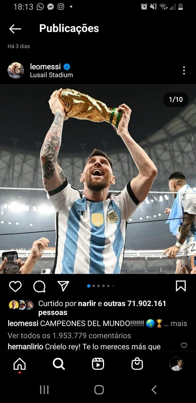 Publicação de Messi comemorando título da Copa já tem mais de 70 milhões de curtidas no Instagram