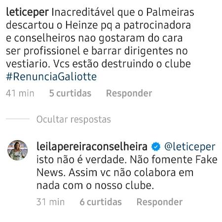 Leila Pereira rebate seguidora sobre "veto" de Heinze no Palmeiras - Reprodução/Instagram