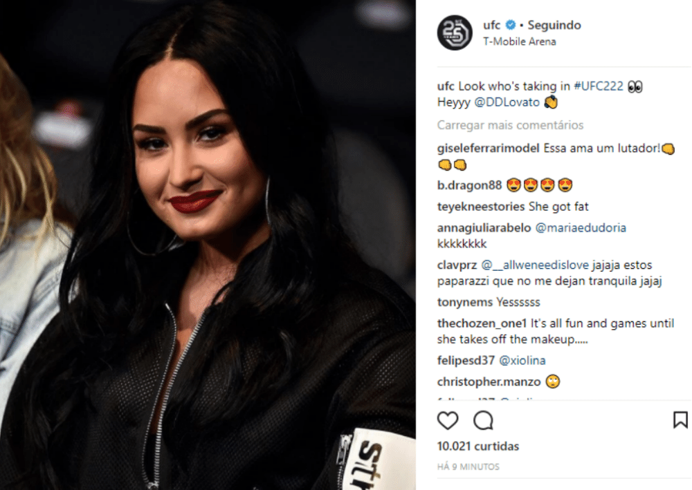 A cantora Demi Lovato marca presença no UFC 222, na noite deste sábado (3)