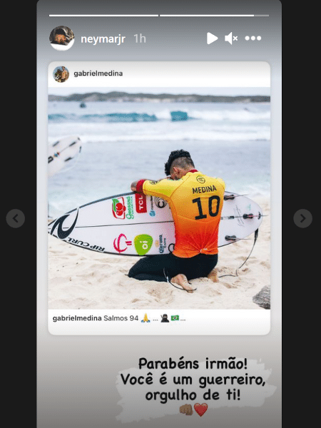 Neymar parabeniza Gabriel Medina após título mundial de surfe  - Reprodução