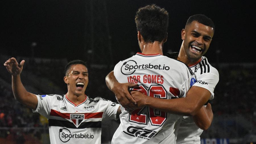 Igor Gomes comemora gol do São Paulo contra o Jorge Wilstermann pela Sul-Americana - Fernando CARTAGENA / AFP