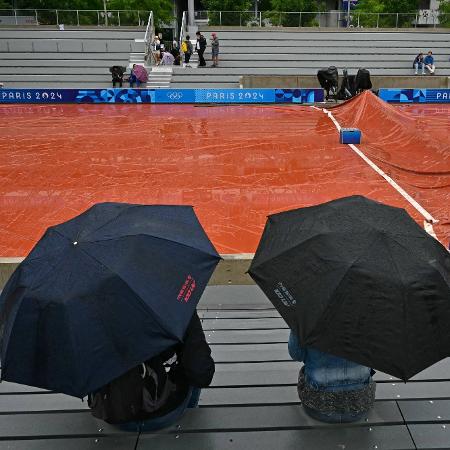 Quadra de Roland Garros molhada por causa da chuva nas Olimpíadas de Paris 2024