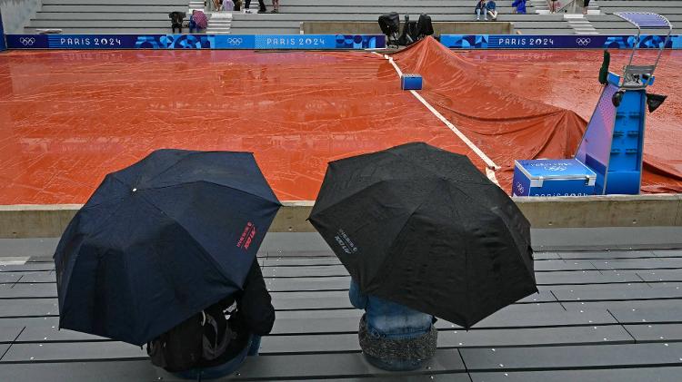 Quadra de Roland Garros molhada por causa da chuva nas Olimpíadas de Paris 2024