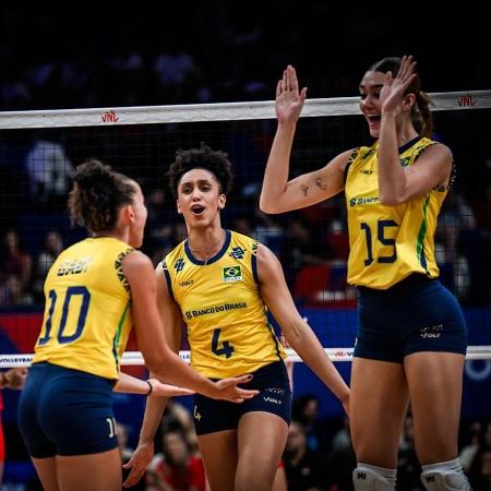 Brasil celebra ponto contra a Turquia, na Liga das Nações feminina Brasil celebra ponto contra a Turquia, na Liga das Nações feminina