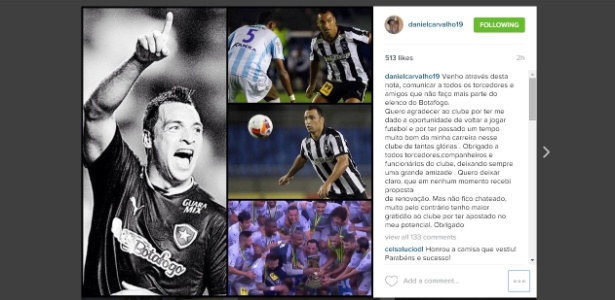 Daniel Carvalho se despede do Botafogo nas redes sociais - Reprodução/Instagram