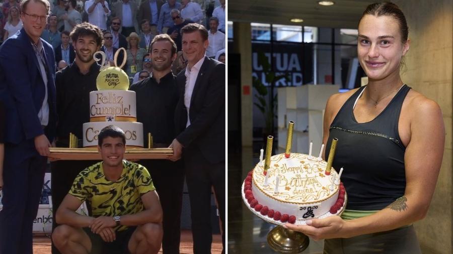 Carlos Alcaraz e Aryna Sabalenka receberam bolos de aniversário muito diferentes - Montagem/UOL
