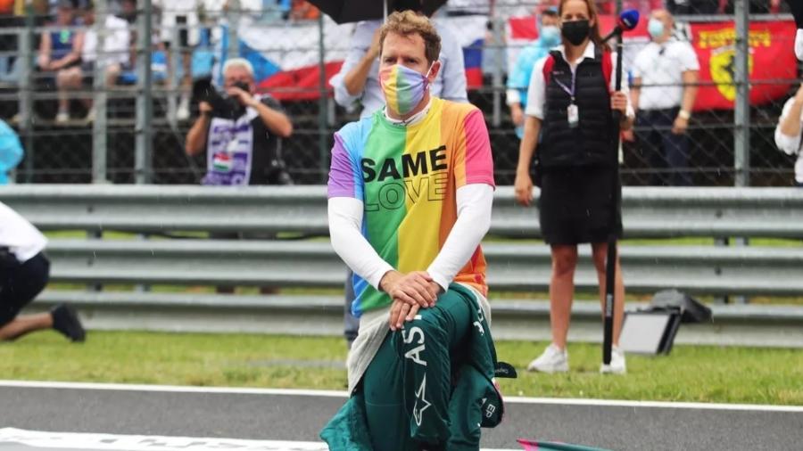 Vettel, com camiseta de apoio à causa LGBTQIA+, antes do GP da Hungria, em Budapeste - Reprodução