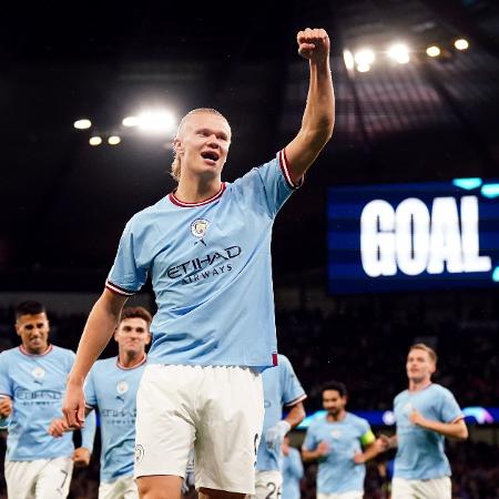 Haaland comemora gol do Manchester City sobre o Copenhagen em jogo da Champions League - Nick Potts/PA Images via Getty Images