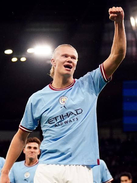 Haaland comemora gol do Manchester City sobre o Copenhagen em jogo da Champions League - Nick Potts/PA Images via Getty Images