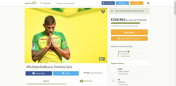 Campanha arrecada 227 mil euros e buscas por Sala são retomadas - Reprodução 